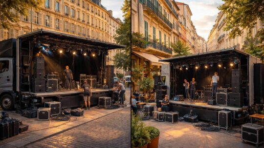 Transport pour spectacles de rue avec camion scène et matériel technique à Lyon et Marseille